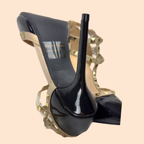 Wild Diva Lounge 64 Sexy Stud Patent Leather Stiletto Black Beige Heels Size 9 - Picture 16 of 16